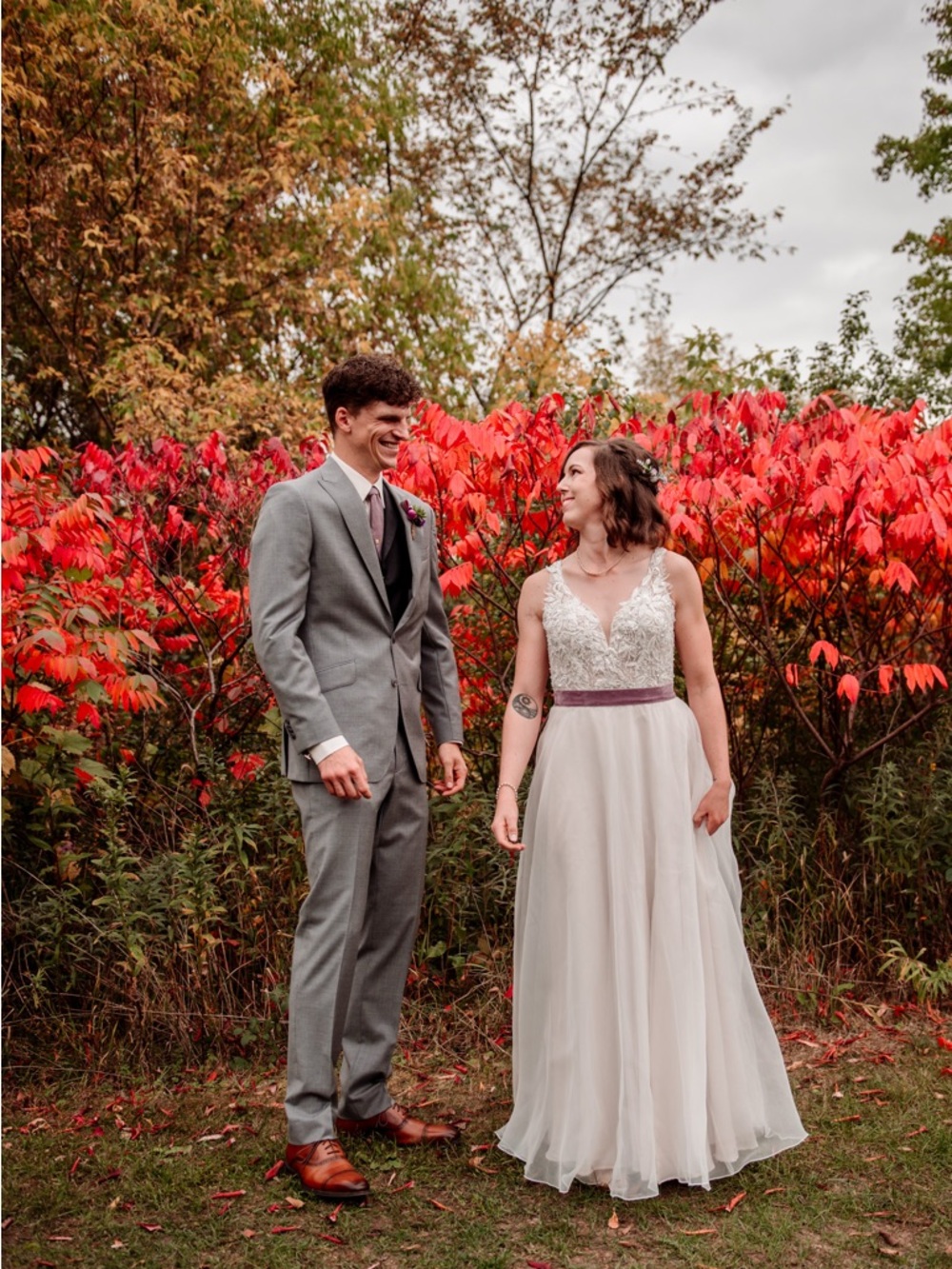 Lace Bodice A-Line Wedding Dress with Removable Mauve Sash